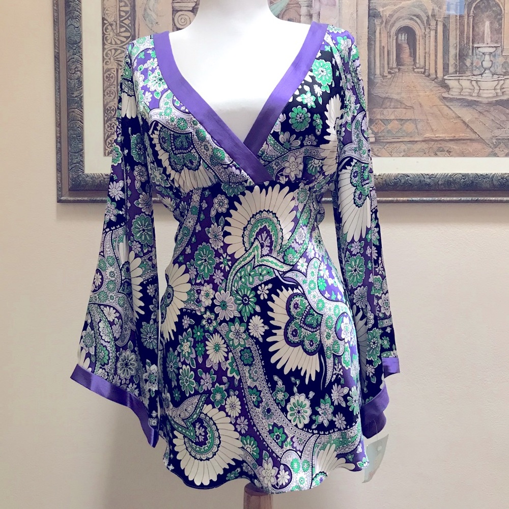 Y2K Silk Bell Sleeve Top Blouse Floral Purple White Green